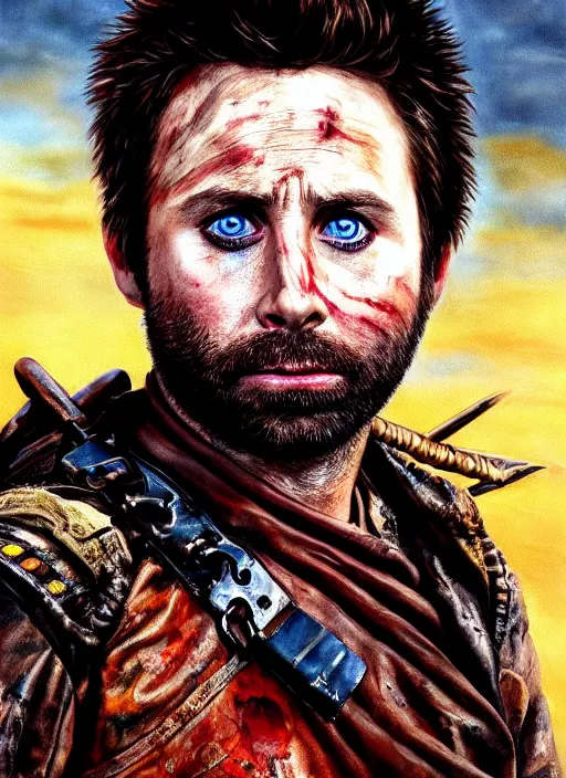 Prompt: portrait of charlie day ( ( charlie from its always sunny in philadelphia ) ) as scheming crazy warlord in mad max 2 : the road warrior, film still, detailed realism face in painting, detailed beautiful portrait, oil painting masterpiece, 8 k resolution, smooth, sharp focus, trending on artstation, by rembrandt