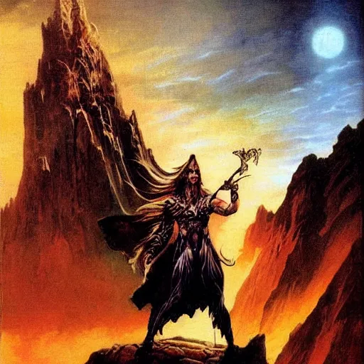 Prompt: symphonic metal album cover of a wizard holding a sword and standing on a cliff near the ocean at night by frank frazetta