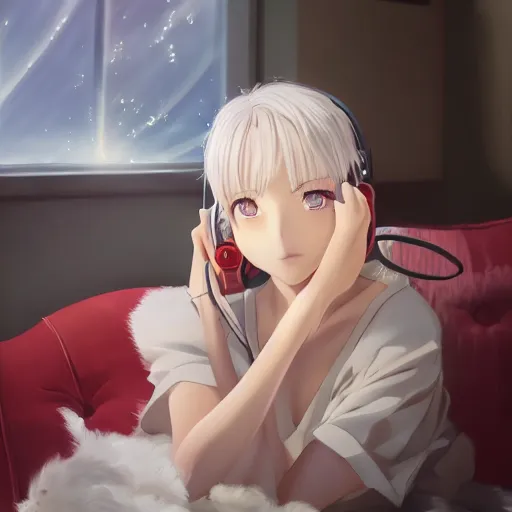 Prompt: anime portrait of beautiful girl sits on the sofa and listens to music, the sun shines through the window, white hair, watery red eyes, clear face, beautiful body, dream light, focus on the face, highly detailed, 8 k, artstation, concept art, master pieces, in style of kyoto animation, by cushart krenz