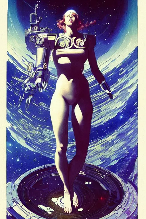 Image similar to “big chaotic beutiful and open space with many stars and space battleship far away in the horizon, woman in futuristic spacesuit that revealing her beautiful fit body, pointing to the space battleship, in the style of Gaston Bussière, art nouveau”