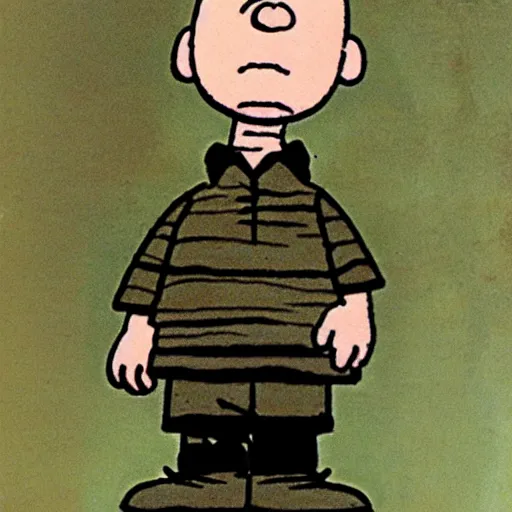 Image similar to Charlie Brown if he was a war criminal in 1945, somber, dark, Frank Weston Benson,