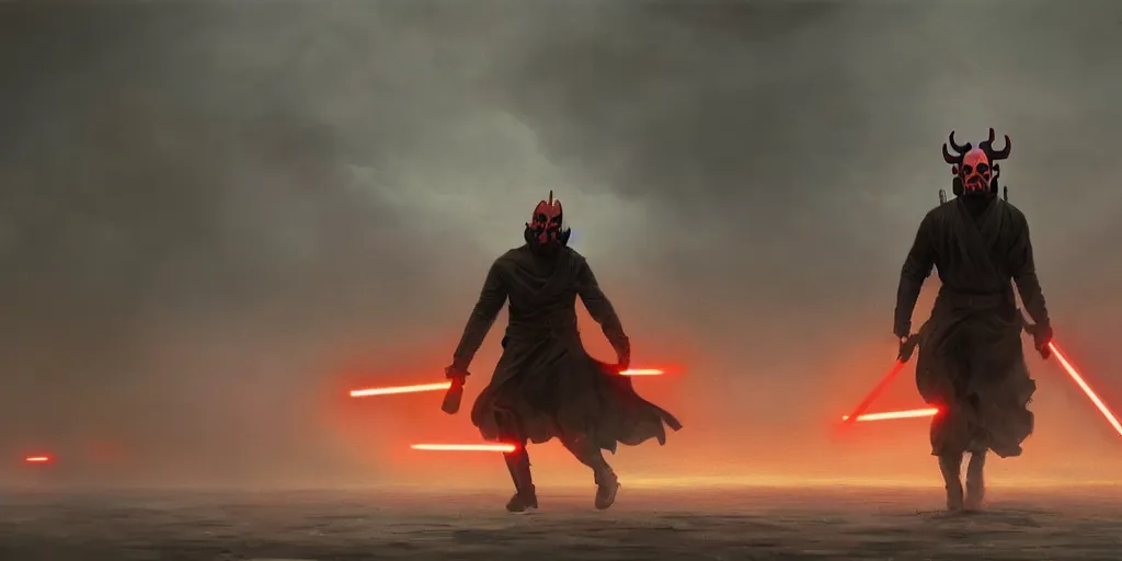 Image similar to a painting of a cinematic keyframe of a star wars mysterious darth maul walking into a cinematic landscape, heavy atmosphere and smoke by greg rutkowski, rule of thirds, golden ratio, ambient lighting, wlop, artgerm, artstation, highly detailed masterpiece, dark fantasy art, high detail, trending on artstation