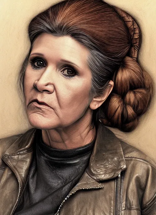 Image similar to portrait of carrie fisher, gritty, dark, wearing a leather jacket, very detailed eyes, hyperrealistic, very detailed painting by Glenn Fabry, by Joao Ruas, by Artgerm