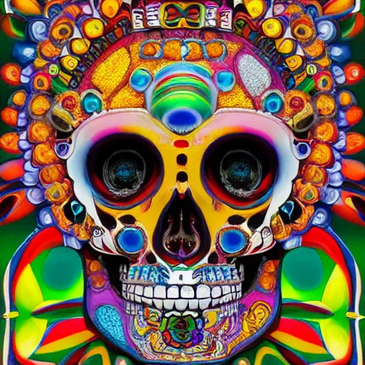 Image similar to colourful upper half portrait of an santeria crystal skull art by takashi murakami, highly detailed, digital painting, ray tracing, concept art, illustration, smooth sharp focus, intricate, symmetry, artstation,