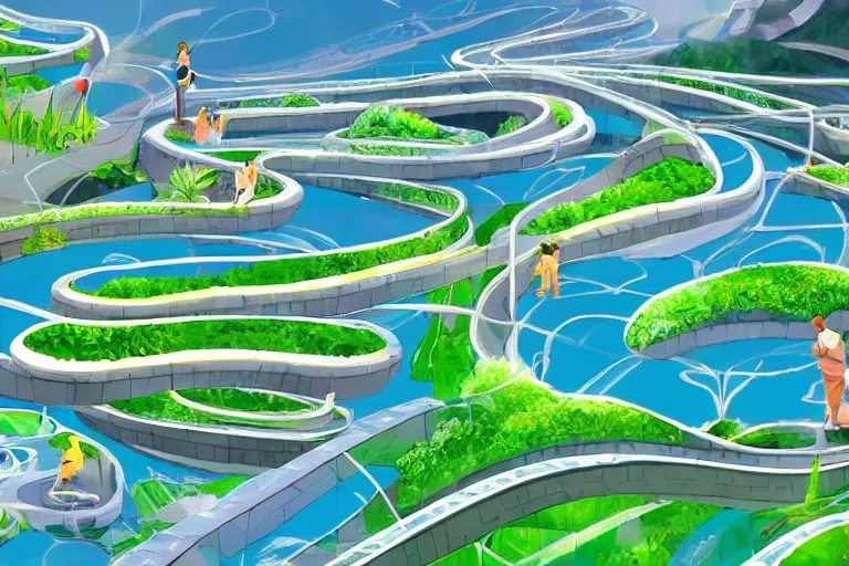 Image similar to an optimistic futuristic landscaped streams and wide conveyor belts, isometric contours - the main method of transport for people is to swim but some people stand on the conveyor belt, pop motifs, by ghibli, cannabis land