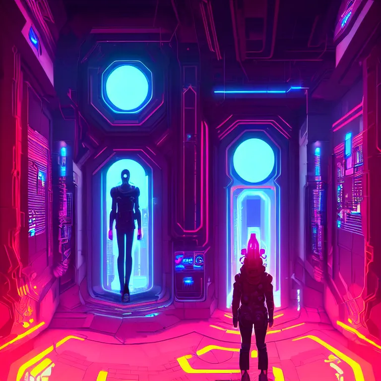 Image similar to a person standing in front of a portal, cyberpunk, epic surrealism, detailed digital matte painting in the style of josan gonzalez, artstation, psychedelic