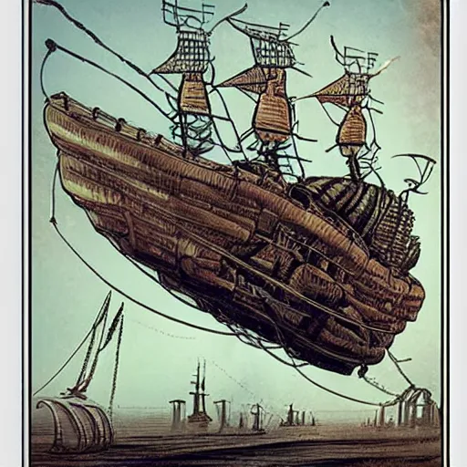 Prompt: a steampunk airship with sails, drawn by Jon Scieszka
