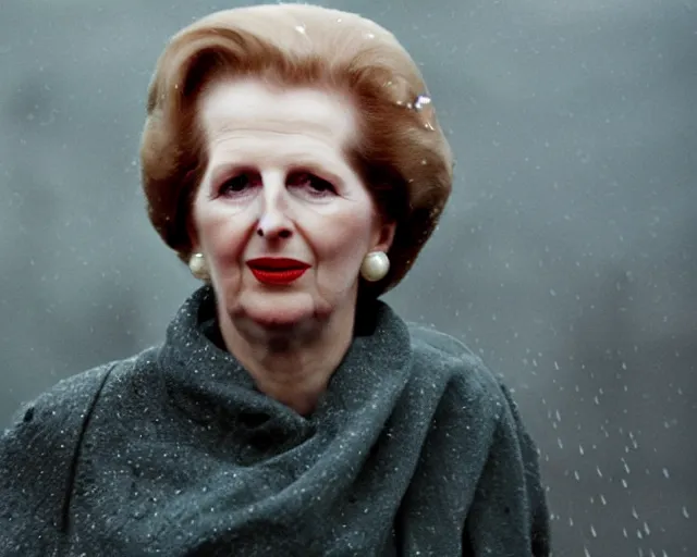 Image similar to margaret thatcher covered in rain wearing bikini, atmospheric moody hyper realistic award winning color cinematic still 8 k