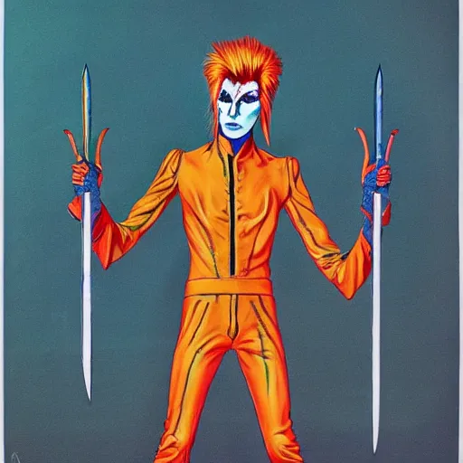 Image similar to Ziggy Stardust holding a Bowie knife, hand, james jean