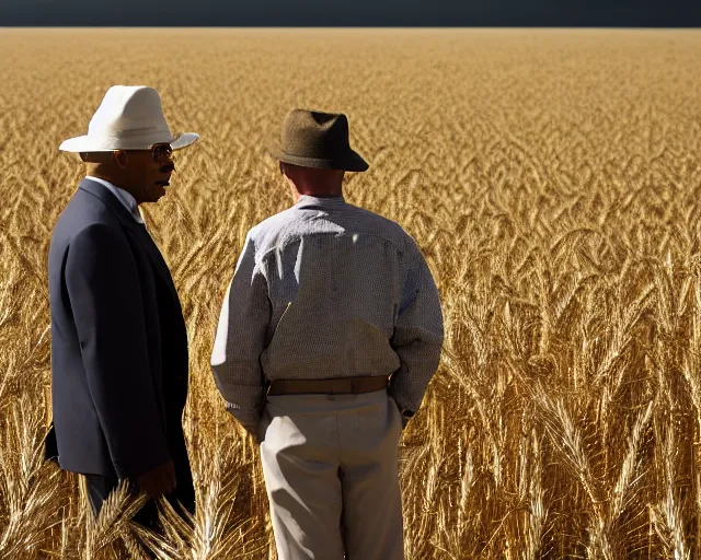 Image similar to walter white wearing a hat and gustavo fring facing each other in a wheat field, long shot, side view, 3 5 mm photograph, 8 k resolution, wide shot, sharp lens