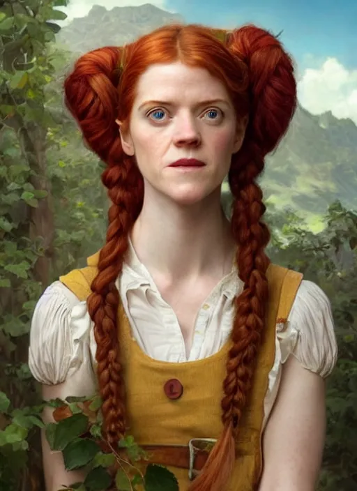 Prompt: portrait Rose Leslie as Pippi Longstocking, full length shot, shining, 8k highly detailed, sharp focus, illustration, art by artgerm, mucha, bouguereau