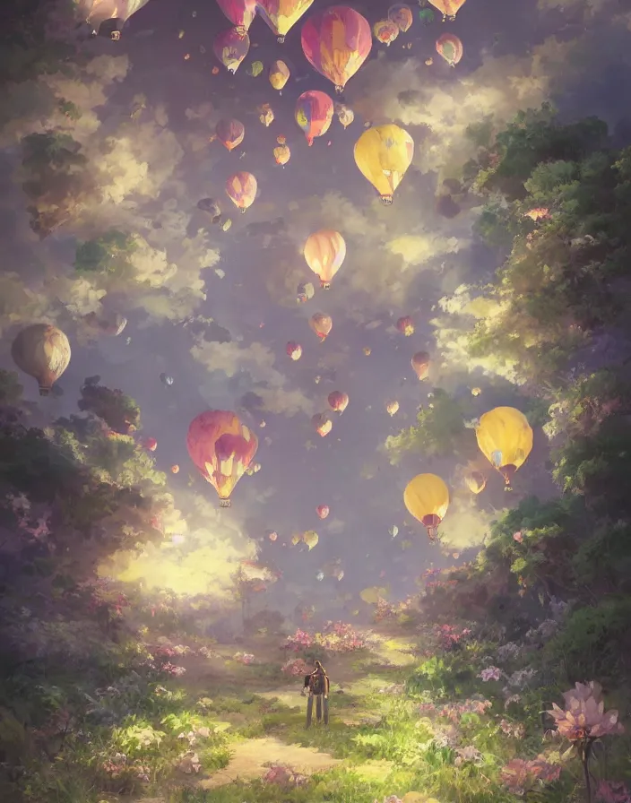 Prompt: bouquet of flowers as hot air balloons, environment concept art, daytime ethereal anime, high detail Impressionist style, dreamy light color palette, style of studio ghibli and moebius, concept art stunning atmosphere, trending on artstation, volumetric light