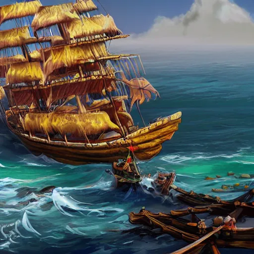 Prompt: a pirate ship near shore, by Bill Tiller, game concept art, colorful