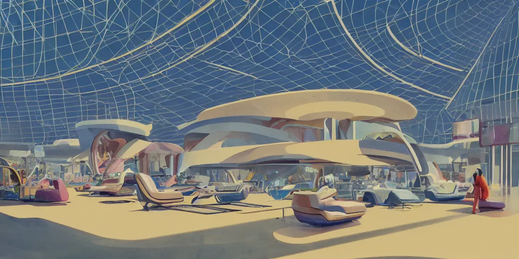 Image similar to a beautiful illustration of futuristic mall, lots of furniture, sofa, waiting room, big medium small, sacred geometry, golden ratio, in watercolor gouache detailed paintings, in style of syd mead, trending on artstation, 8 k, panel, hard surface, wallpaper, zaha hadid, scattered props, plant, cozy, decoration, simon stalenhag, wes anderson