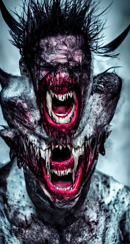 Prompt: an 8 k hi res 8 0 mm photo editorial magazine photo shoot of a demon vampire showing his multiple layers of fangs