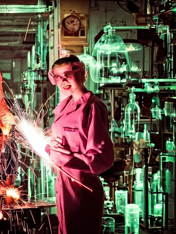 Prompt: A female mad scientist in a laboratory coat, smiling and welding together a partially-built realistic robotic!!! man!!! in a suit, in a darkly lit laboratory room surrounded by test tubes and jars, 1950s horror film movie poster style, retro vintage, saturated pink and green lighting