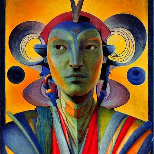 Image similar to portrait of a robot shaman, by annie swynnerton and edward hopper and diego rivera and jean delville and rufino tamayo and evelyn de morgan, art deco shaman, stylized geometric flowers, art brut, outsider art, symbolist, dramatic lighting, god rays, clean crisp graphics, smooth sharp focus, extremely detailed, adolf wolfli