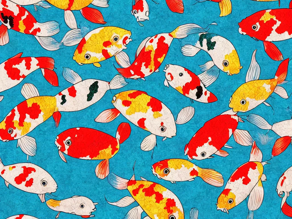 Image similar to colorful koi carp collage illustration pattern, tiny, small, miniature, short, cute and adorable, digital painting, highly detailed, intricate, elegant, artstation, concept art, colorful, beautiful, studio ghibli, aoshima chiho, takashi murakami, manga, cute and adorable