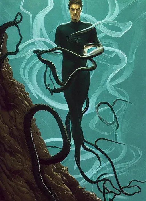 Image similar to poster artwork by Michael Whelan and Tomer Hanuka, Karol Bak of Tom Cruise black tentacles emerge from his back, from scene from Twin Peaks, clean, simple illustration, nostalgic, domestic, full of details