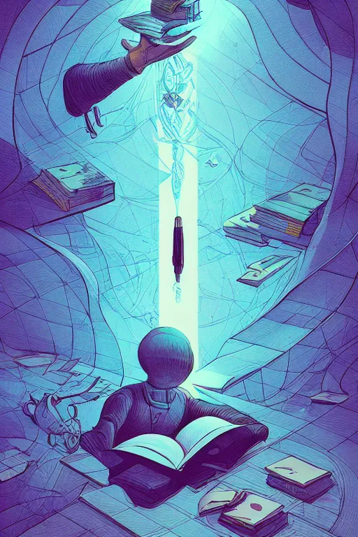 Prompt: books and pencil, style of kilian eng, light, simple, Illustration