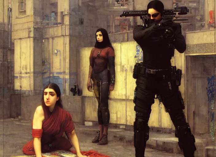 Prompt: Maria evades pvt griggs. Cyberpunk hacker escaping Cyberpunk corporate security. (police state, Cyberpunk 2077, blade runner 2049). Iranian orientalist portrait by john william waterhouse and Edwin Longsden Long and Theodore Ralli and Nasreddine Dinet, oil on canvas. Cinematic, hyper realism, high detail 4k