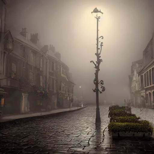 Prompt: cthulhu, lovecraftian, foggy atmosphere, old european town, realistic