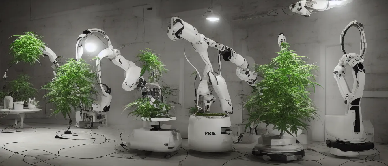 Image similar to three large white glossy kuka industrial robot harvesting a cannabis micro growery inside a fancy living room with retro modern furniture and decor, global illumination, artstation, fantasy, volumetric light