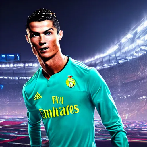 Image similar to cristiano ronaldo with futurist soccer outfit in a stadium with neon, night, cyberpunk, realistic, beautiful, fantasy