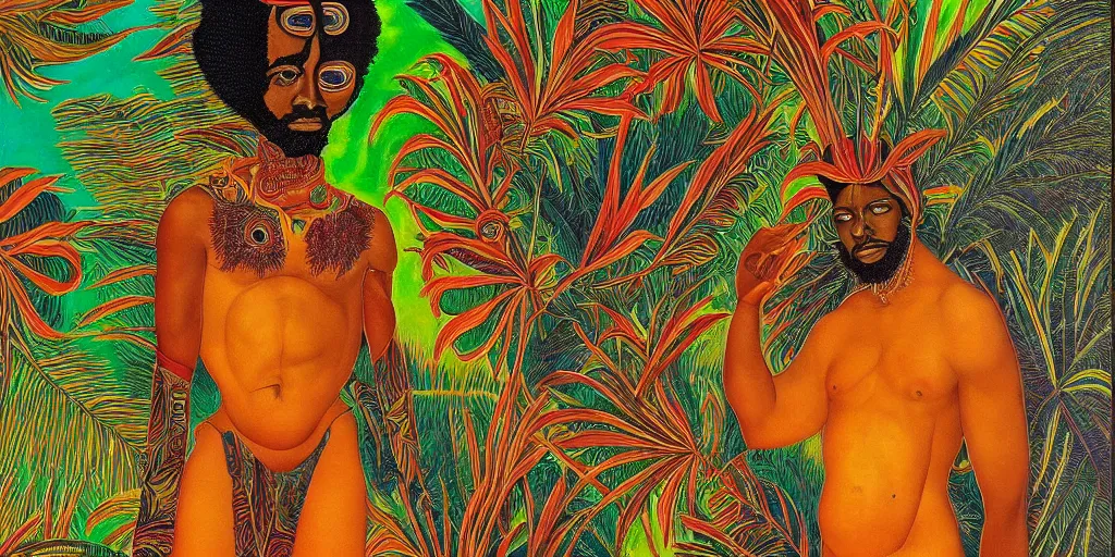 Image similar to an abstract tropical landscape, portrait of a dark - skinned greek god. 2 4 mm, photorealistic, abstract, directed by mati klarwein