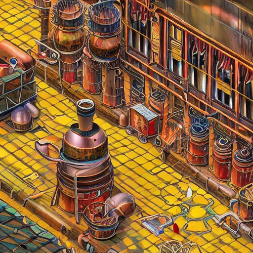 Image similar to fineline painting of an isometric steampunk strawberry jam factory, colour pallette of strawberry shortcake, incredible detail, vray render subsurface scatter drum scanner, intricate complexity, golden ratio, cartoon animation pendleton ward, karol bak, 8 k detail