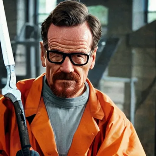 Image similar to Bryan Cranston as Gordon Freeman, holding a crowbar, still from a movie