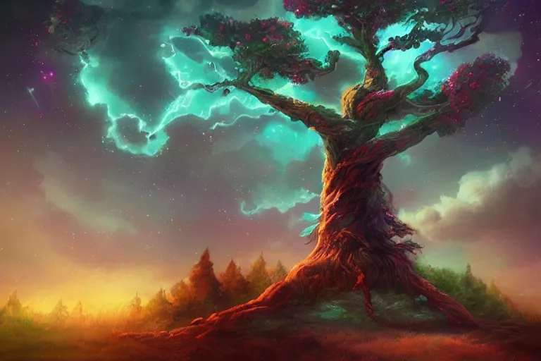 Image similar to magical mother tree of the universe, concept art trending on artstation, glowing effect ,