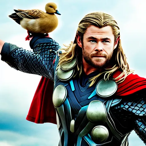 Image similar to chris hemsworth as thor holding a duck, highly detailed, realistic face, 4k, hd