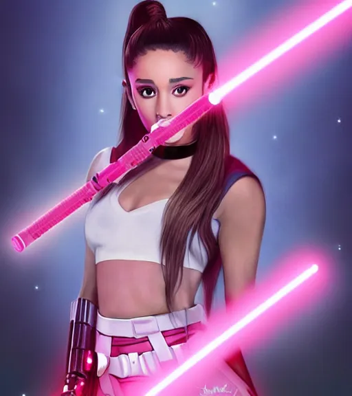 Image similar to A hyper realistic photo of Ariana Grande in the Star Wars universe with two pink lightsabers held in each hand. Maximum detail on artstation, photo realism