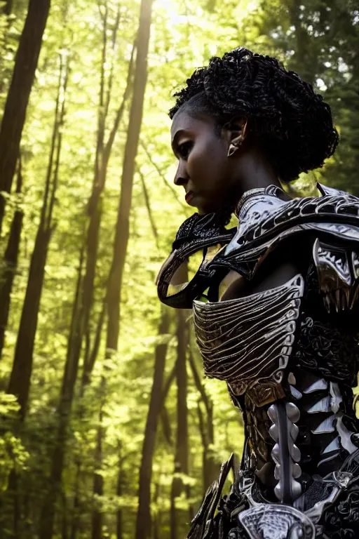 Image similar to hyperrealistic long shot mithra gorgeous black woman intricate exoskeleton bone armor in a forest sun behind her concept art eric zener elson peter cinematic light low angle hd 8k sharp rack focus