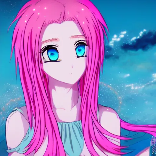 Image similar to stunningly beautiful omnipotent anime goddess with pink hair and mesmerizing cyan eyes, 8 k