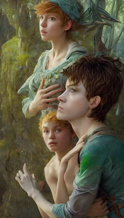 Prompt: epic masterpiece portrait peter pan and wendy, sweaty skin, hyperrealistic, octane render, cinematic, beautiful face and flawless skin, perfect hands, 5 fingers, by Edgar Maxence and Ross Tran and Michael Whelan, Legends of Runeterra