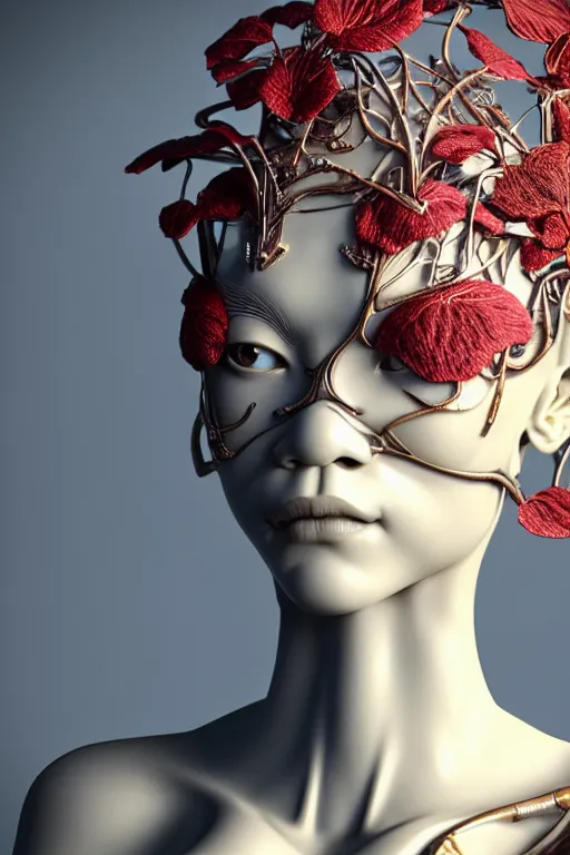Prompt: complex 3d render ultra detailed of a beautiful porcelain profile zendaya face, biomechanical cyborg, analog, 150 mm lens, beautiful natural soft rim light, big leaves and stems, roots, fine foliage lace, Dichroistic, blue, red details, massai warrior, Alexander Mcqueen high fashion haute couture, pearl earring, art nouveau fashion embroidered, steampunk, intricate details, mesh wire, mandelbrot fractal, anatomical, facial muscles, cable wires, microchip, elegant, hyper realistic, ultra detailed, octane render, H.R. Giger style, volumetric lighting, 8k post-production