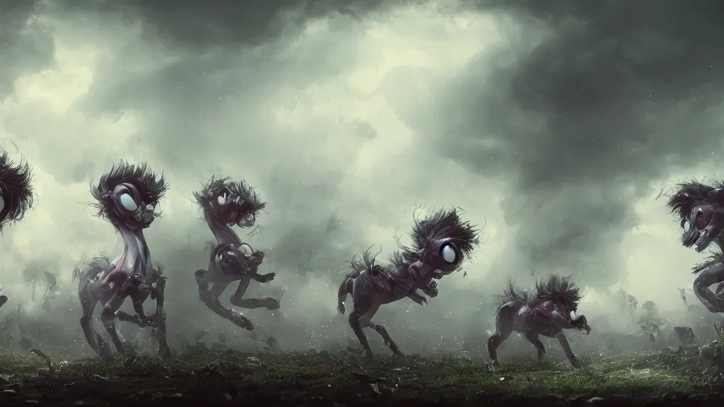 Image similar to my little ponies as giant spiders. andreas achenbach, artgerm, mikko lagerstedt, zack snyder 3 8 4 0 x 2 1 6 0