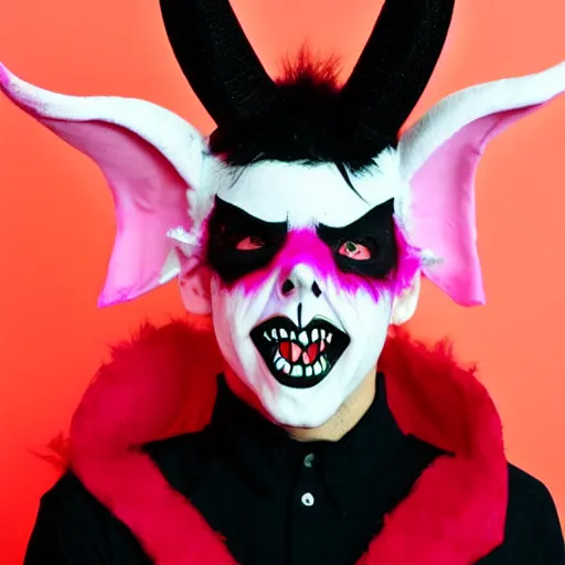 Image similar to bad bunny dressing up as a demon for halloween, artistic, pink pastel, realistic, close up, varying angles