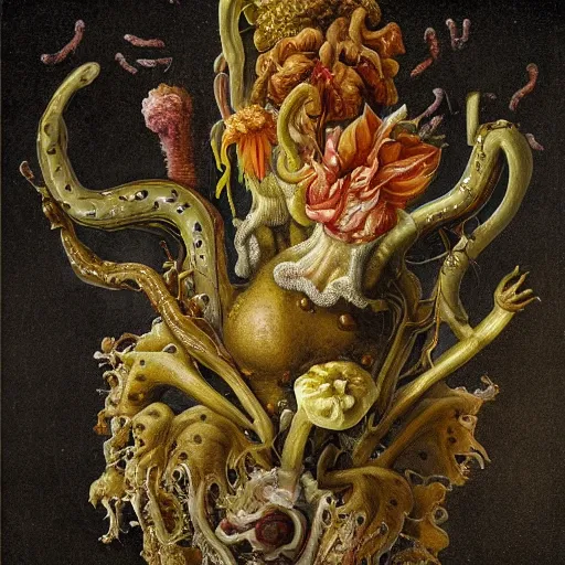 Image similar to disgusting disturbing dutch golden age bizarre mutant flower floral still life with many human toes realistic human toes teeth drool tongue blossoming everywhere insects very detailed fungus tumor disturbing tendrils bizarre slimy forms sprouting up everywhere by rachel ruysch christian rex van minnen black background chiaroscuro dramatic lighting perfect composition high definition 8 k 1 0 8 0 p