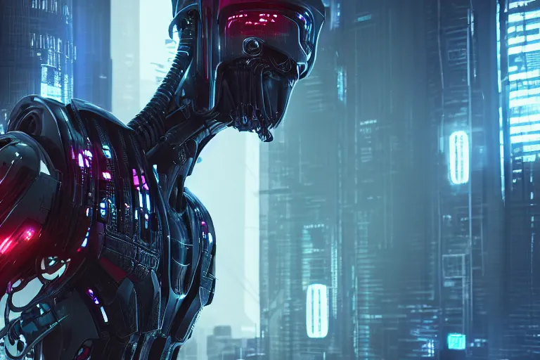 Image similar to cyberpunk alien concept inspired evil robot, futuristic look, highly detailed body, very powerful, photorealistic camera shot, bright studio setting, studio lighting, crisp quality and light reflections, unreal engine 5 quality render