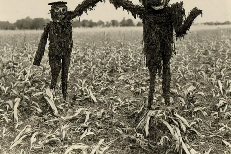 Image similar to horrifying scarecrow from the early 1 9 0 0's burning down the cornfields