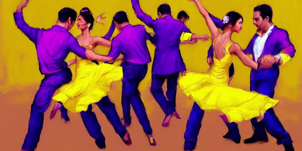 Image similar to Cubans Dancers Dancing Gesture draw by Stanley Artgerm Lau, Gesture draw, Salsa Social Dance, couple, lady using yellow dress, guy using purple light fancy suit, Salsa tricks, WLOP, Rossdraws, Gesture draw, James Jean, Andrei Riabovitchev, Marc Simonetti, and Sakimichan, trending on artstation