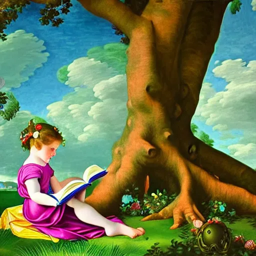 Prompt: hyperdetailed portrait of a beautiful happy child reading a book, under a big tree. toys nearby. art nouveau rococo baroque in the style of caravaggio. maximalist unexpected elements hd 8 x matte background in vibrant vivid pastel colour textures