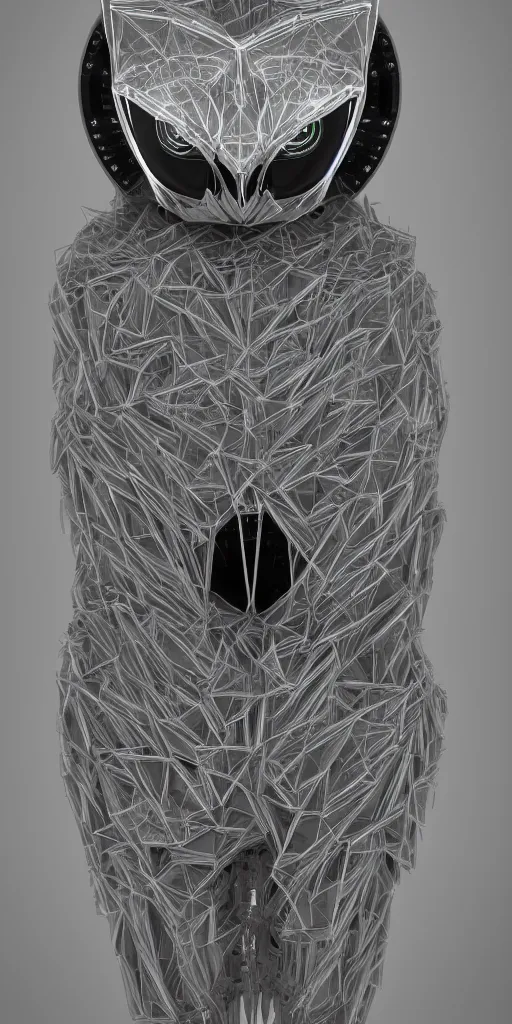 Image similar to cybernetic owl. portrait. complex shape. highly detailed. octane render. 8 k. monochrome. cinematic.