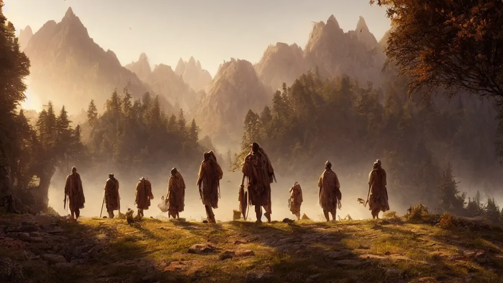 Prompt: highly detailed image of a group of indigenous travelers, walking in a line, traditional clothing, unreal engine, fantasy art by greg rutkowski, mountains, lake, hunter, by greg rutkowski, cgsociety, ferdinand knab, rossdraws, tom bagshaw, global illumination, radiant light, detailed and intricate environment