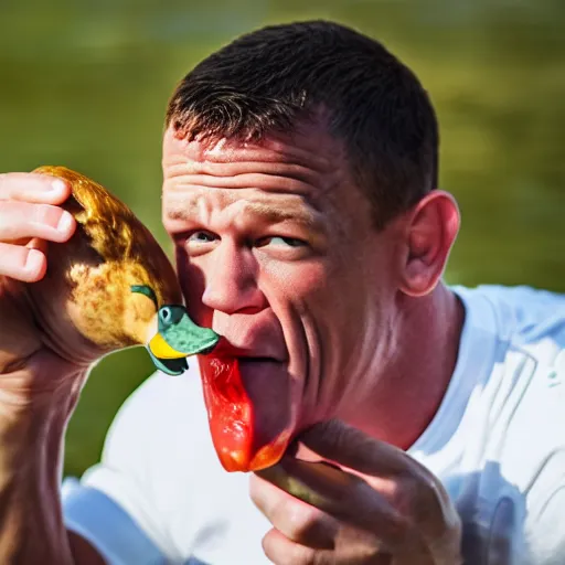 Image similar to John Cena eating a duck, 40nm lens, shallow depth of field, split lighting, 4k,