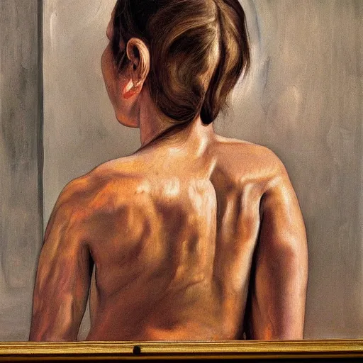 Prompt: high quality high detail painting by lucian freud, hd, angry girl looking back