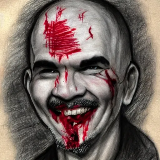 Prompt: a drawing made with charcoal and blood on a skin parchment showing an evil grinning billy bob Thornton.
